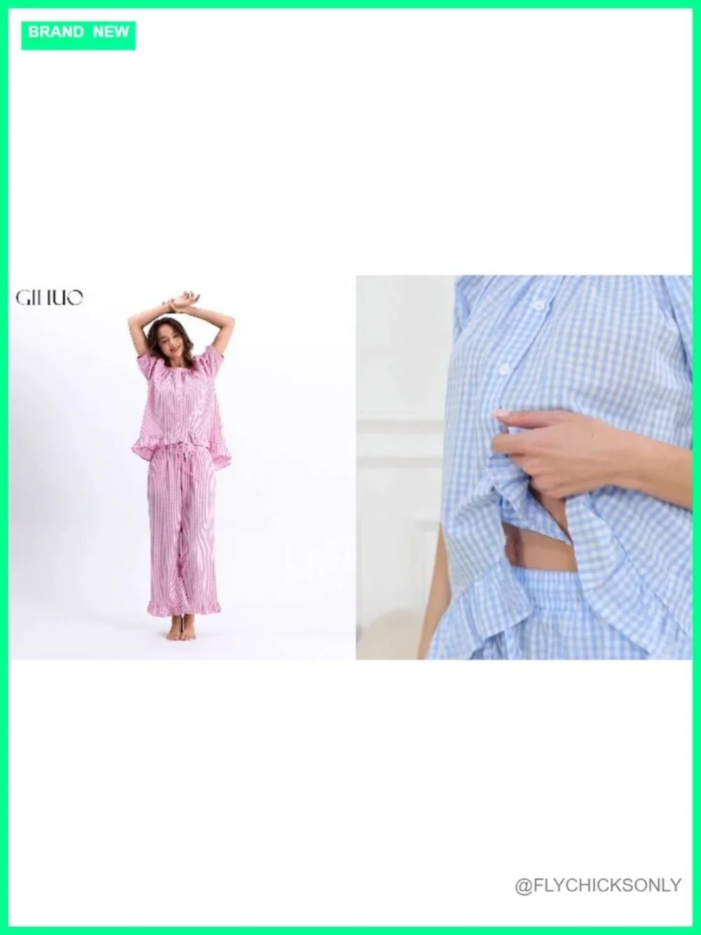 3 Piece Gingham Pajama Set Ruffle Short Sleeve Top Long Pants & Shorts Cotton